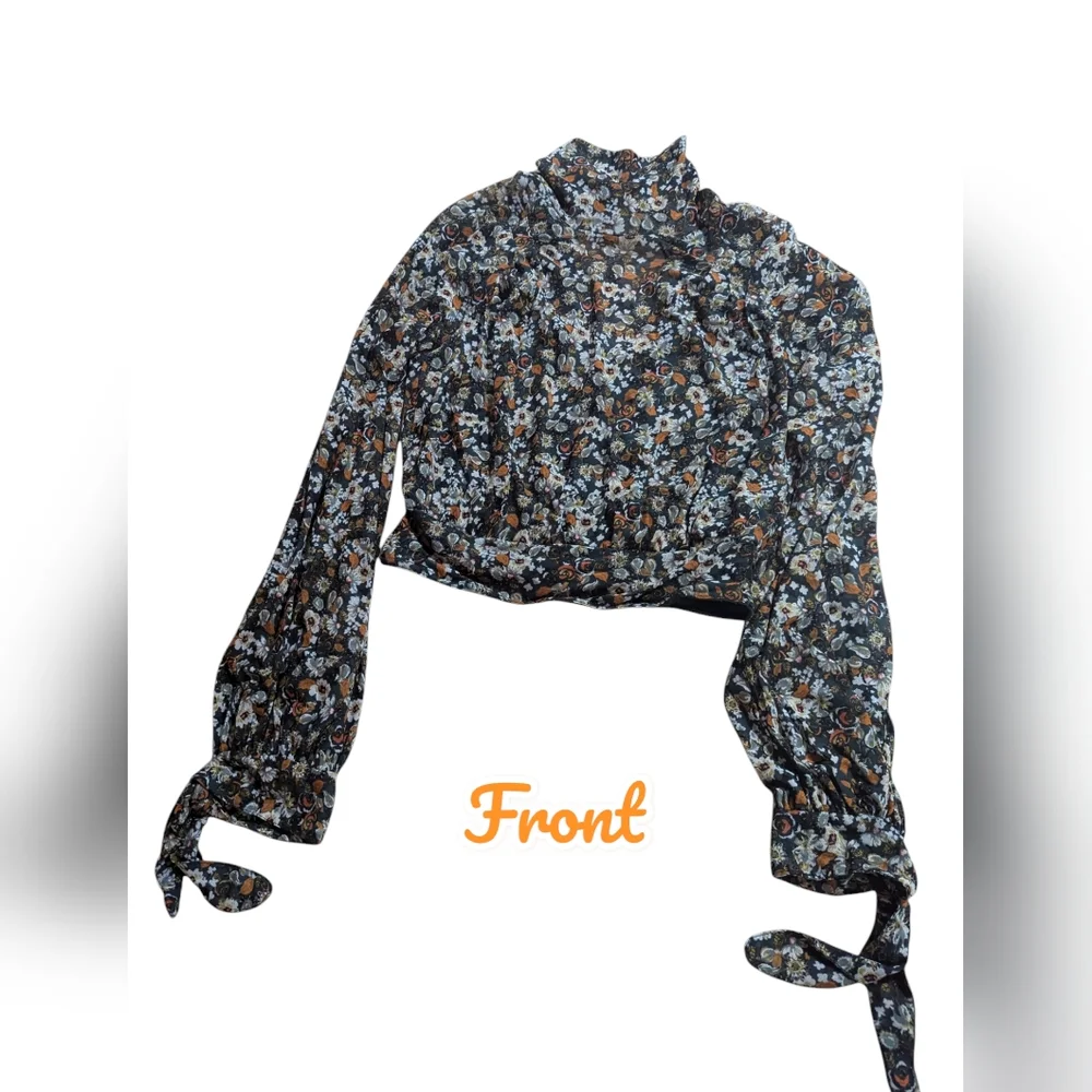 FREE PEOPLE "All Dolled Up" Green Floral Sheer Lined Boho Crop Top Size XS *GUC - Picture 2 of 13